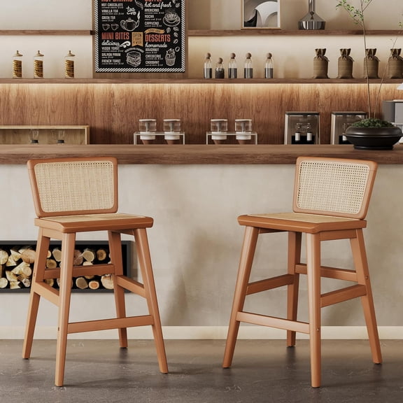 Arlunar 24" Rattan Bar Stools Set of 2,Counter Height Stool with Natural Rattan Woven Design,Oak Finish Frame,for Kitchen Island
