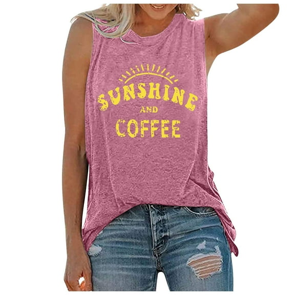 Womens Summer Tops Tank Top Sunshine and Coffee Print Crew Neck Sleeveless Casual Shirts for Women A L