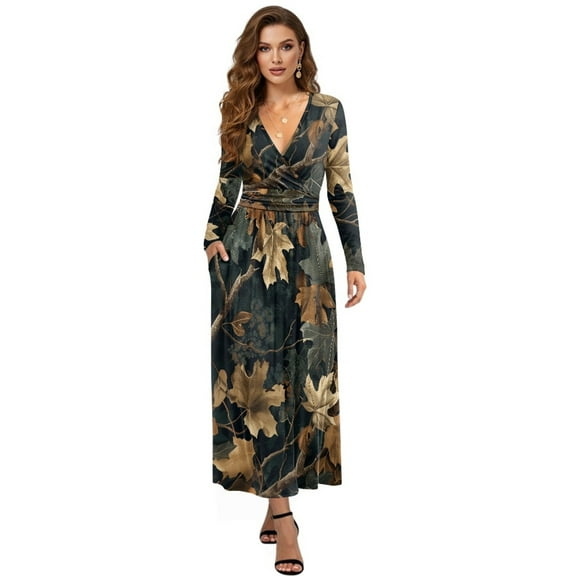 FKELYI Fall Maxi Dress for Women Long Sleeve A-Line Flowy Dresses with Side Pockets Forest Maple Leaf Print V Neck Casual Dress for Spring Winter, XL