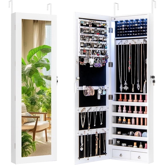 SKTPI Wall Mounted Jewelry Armoire with 47" Full Length Mirror, Lockable Jewelry Cabinet with 6 LED Lights, Over the Door Hanging Storage Organizer with Drawers, Hooks & Shelves, White