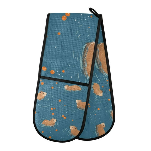 Yayeee Double Oven Mitt Kitchen Heat Resistant Baking 35" x7" Quilted Glove, Capybaras Swimming