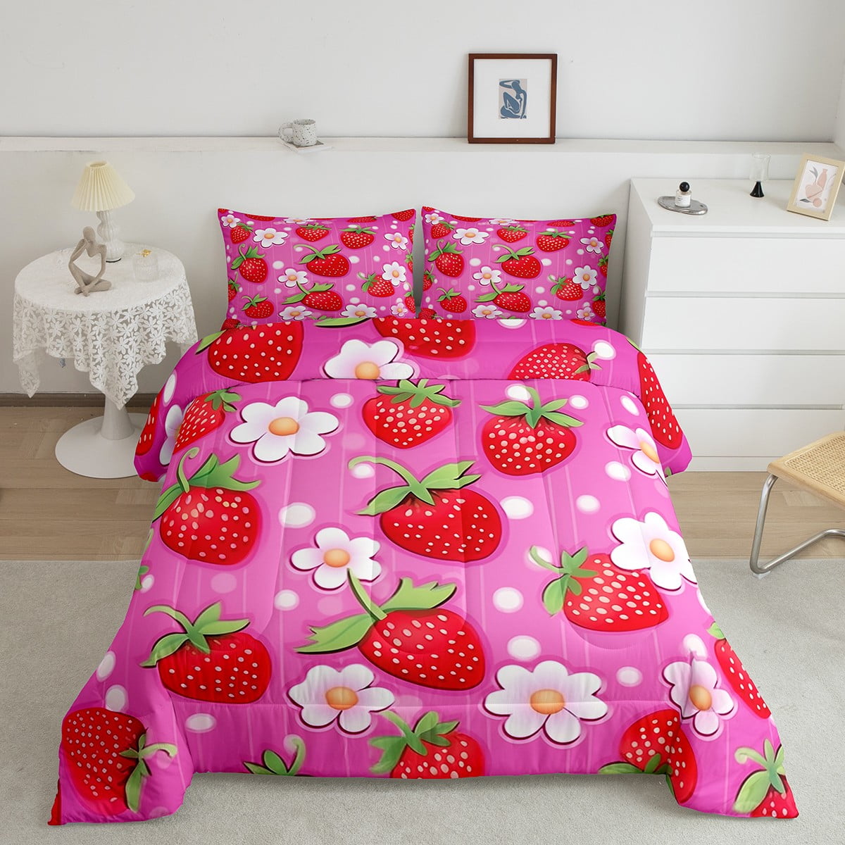 Feelyou Girls Strawberry Comforter Set Twin Size - Cute Kawaii Bedding, 1 Comforter & 1 Pillowcase - View #5