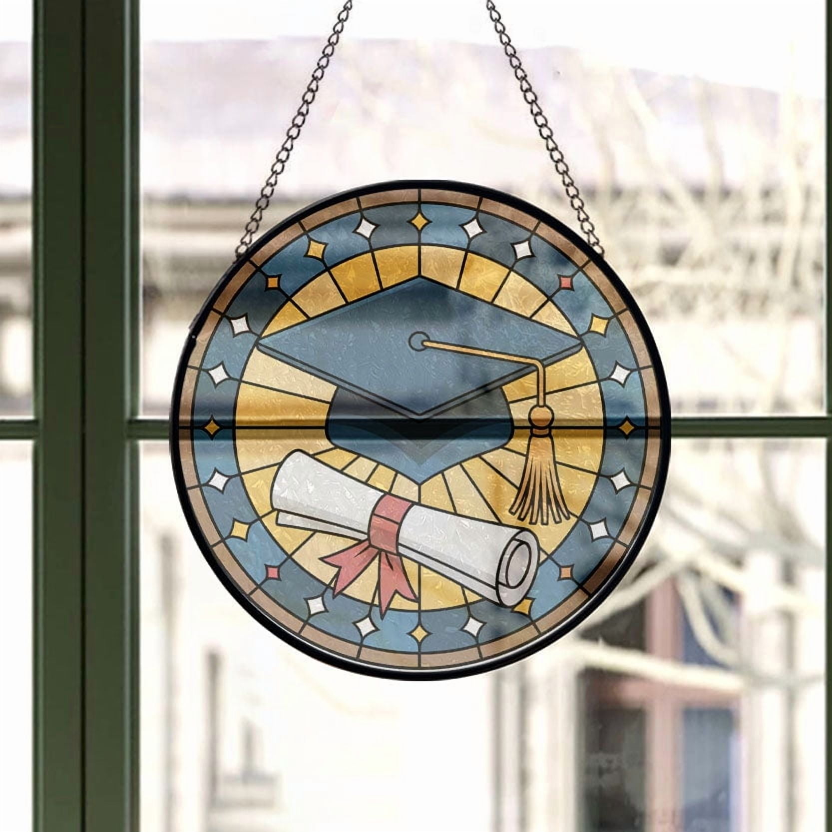 A Graduation Cap and Diploma Stained Glass Suncatcher Window Hanging – Holiday Window Hanging Gift with Custom Text for Family, Friends, Man & Woman, Christmas 2025 Tree Keepsake