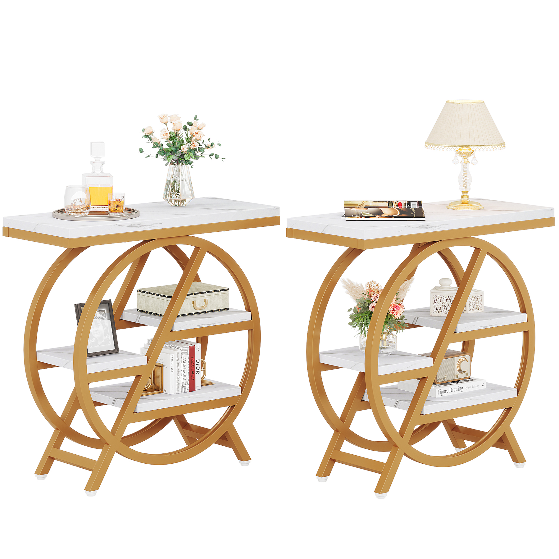 Fnova End Table Modern Wood Narrow Farmhouse Side Tables with Storage Shelf for Living Room, Bedroom, Nightstand
