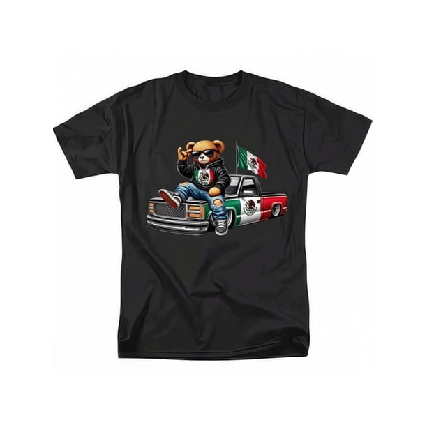 Camisetas de verano para hombre, de moda, con cuello redondo, ajuste cómodo, estampado de oso mexicano con camión, ideal para entusiastas de los coches, ropa de calle negra.