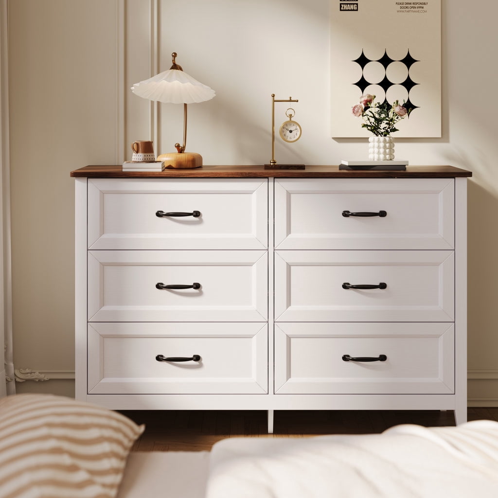 6 Drawer Dresser for Bedroom, White Dresser Double Chest of Drawers, modern Wood Dressers with Deep Drawers for Living Room, Bedroom - Rertro Desktop