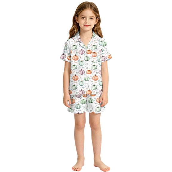 Yhhting Toddler Girls Sleep Set Halloween Watercolor Pumpkin Prin Collared Short Sleeve Top Shorts 2 Pcs Fall Clothes Set,3-4 Years