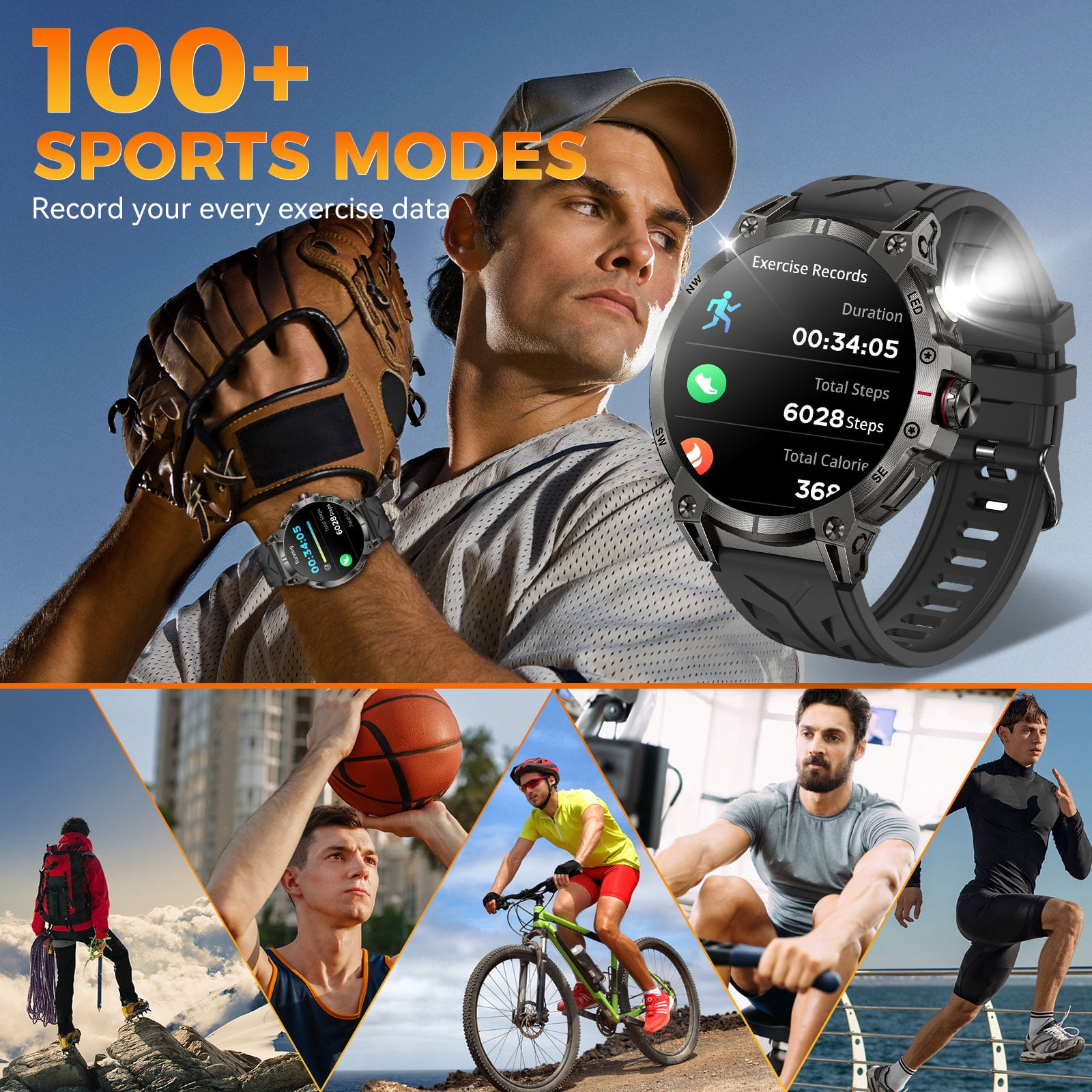 XAXRE KC89 Smart Watch for Men(Answer/Dial Calls)with LED Flashlight 760mAh Battery 100+ Sports Modes Sport Watch 1.85'' HD Smartwatches for iOS Android, 1pc