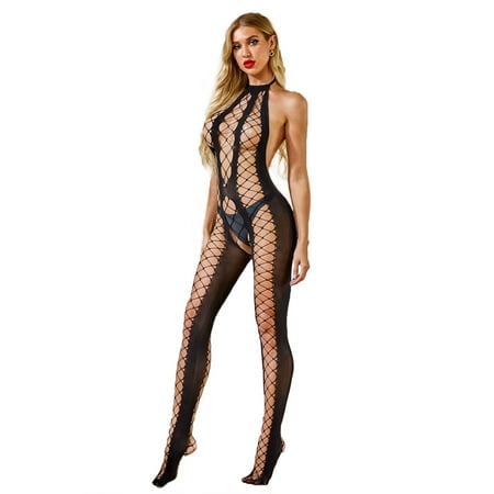 

Womens Lingerie Bodystocking Halter Neck Fishnet Backless Hollow Out (black one size fits S-L)