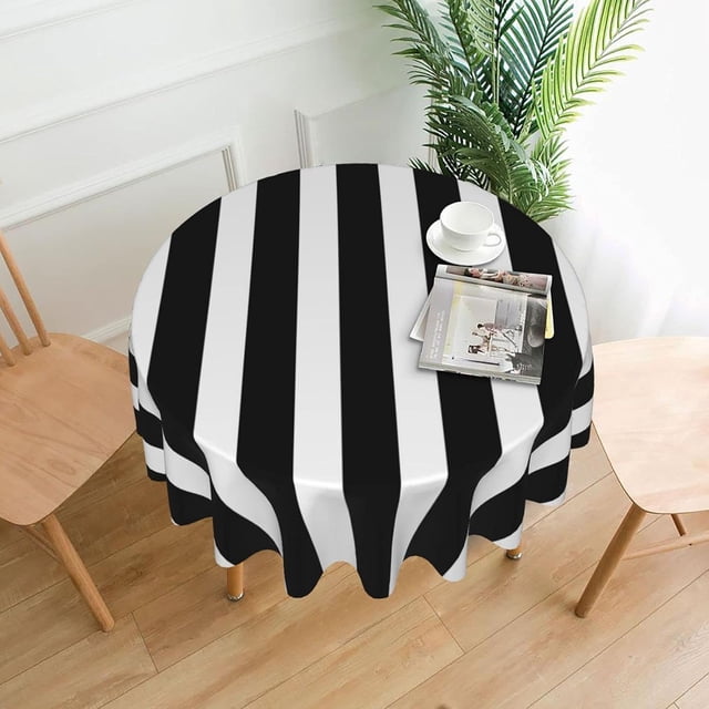 Black White Stripes Round Tablecloth Washable Reusable Decoration Table Cover for Kitchen Party 60"