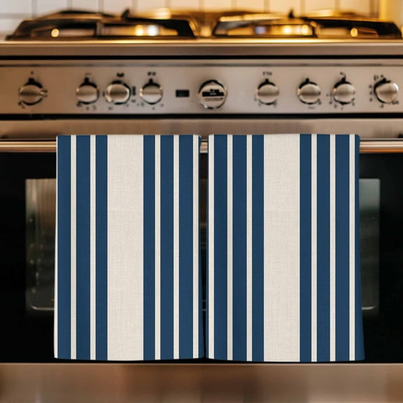 Navy Blue Beige Striped Kitchen Towels Set of 4, Modern Farmhouse Retro Lines Absorbent Dish Towels for Kitchen, Microfiber Hand Towel, Quick Drying Tea Towel for Cleaning Decorative Dishcloths