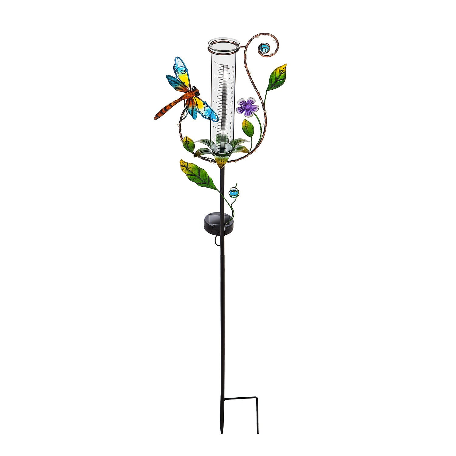 Evergreen 36.25"H Twinkling Light Solar Rain Gauge Garden Stake, Dragonfly