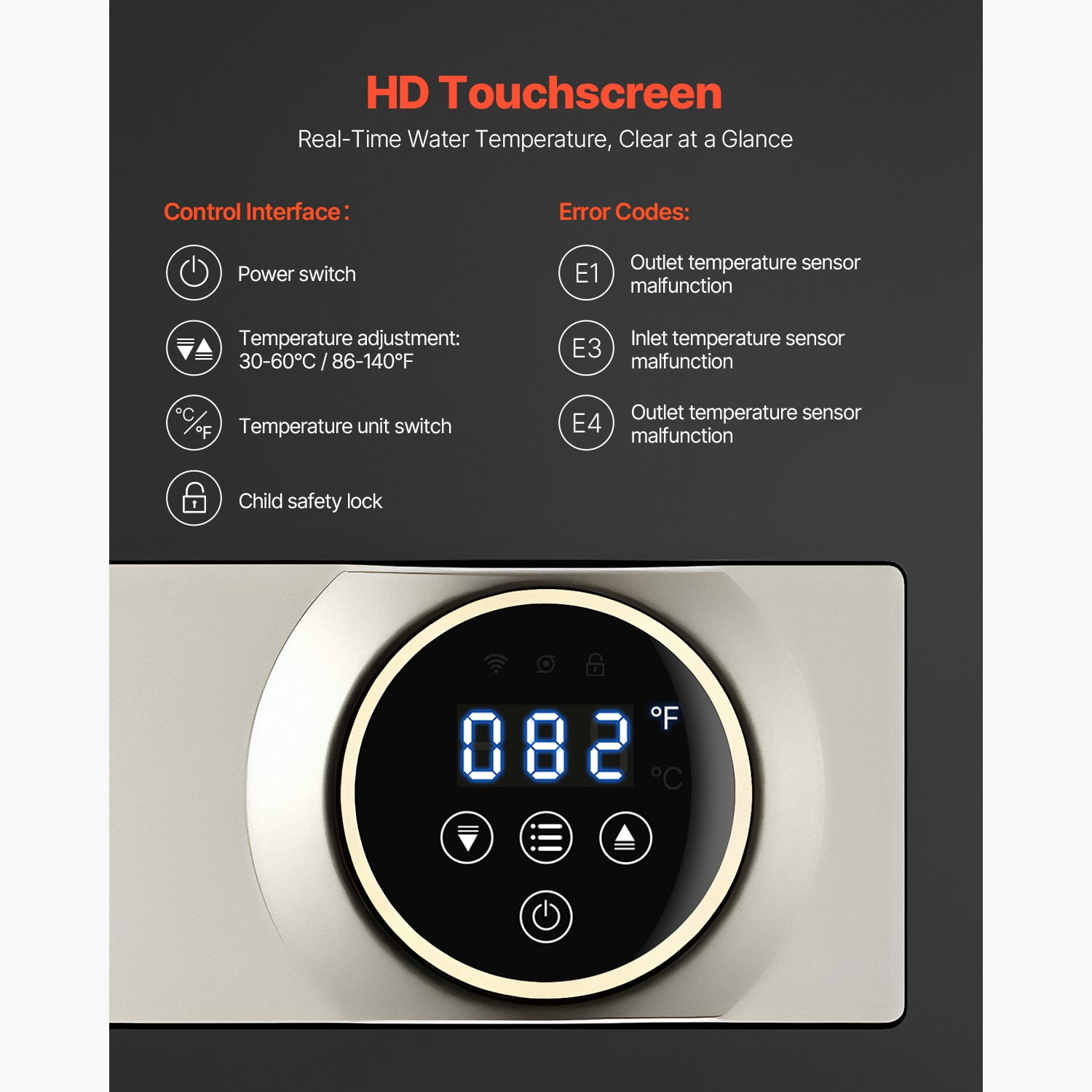 KFFKFF 27kW Tankless Electric Water Heater, Instant Hot Water for Bathroom, Kitchen, or Office with LCD Touch Screen, Child Safety Lock, Compact Design, 240V Black