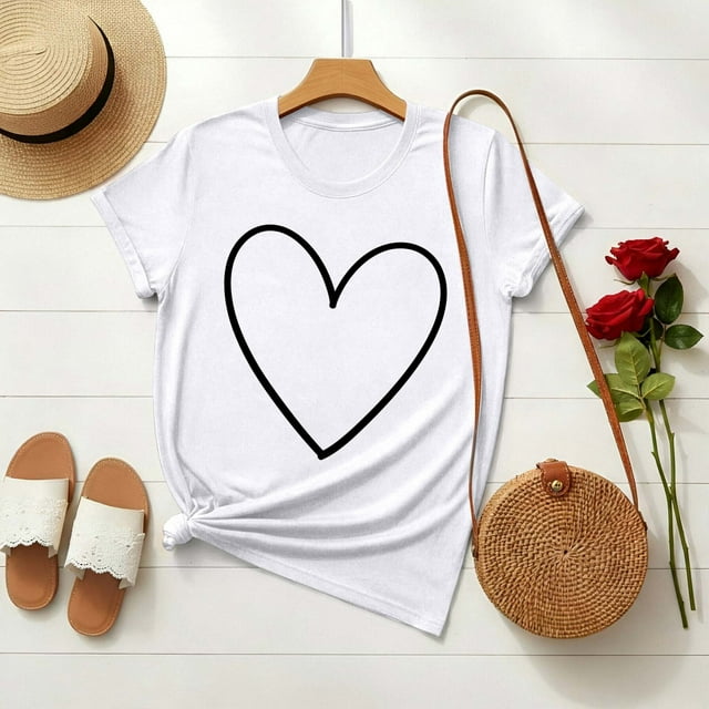 Xuyuer Women's Lover Printed Round Neck Short Sleeve T-Shirt, Cute Casual Graphic Tee Top for Date Nights, Anniversary Gifts and Couple Outfits