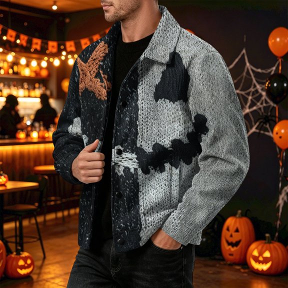 GrmtClth Mens Halloween Monster Patch Lapel Jacket Long Sleeve Snap Placket Relaxed Fit Halloween Spooky Night Outerwear Light Gray XL