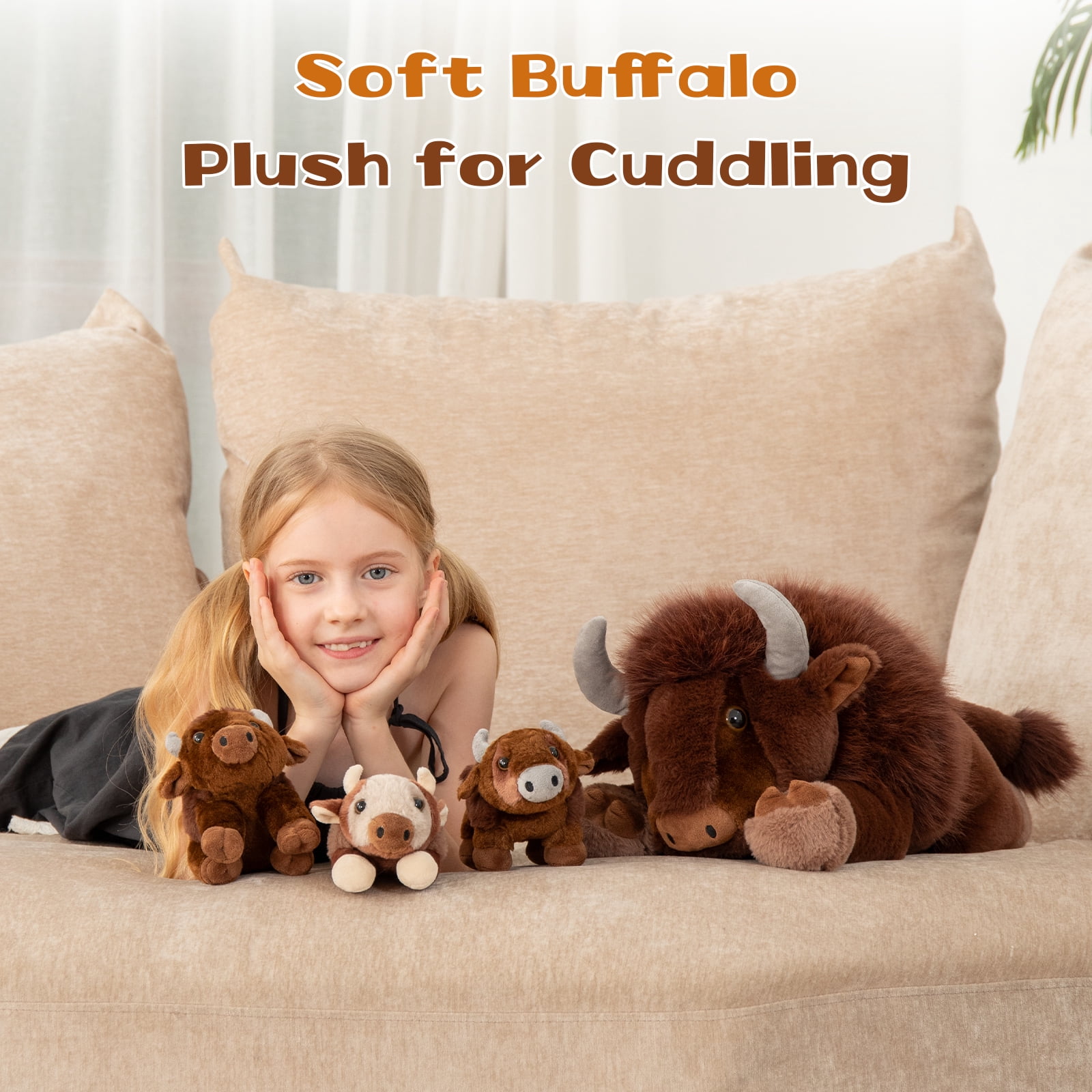 MaoGoLan 4Pcs Bison Stuffed Animal 18inch Bison Mommy Stuffed Animal with 3 Baby Plush Toy Stuffed Cow Toys