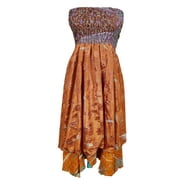 Mogul Womens Vintage Silk Sari Two Layer Printed Bohemian Fashion Boho Chic 2 in 1 Dress And Maxi Skirts