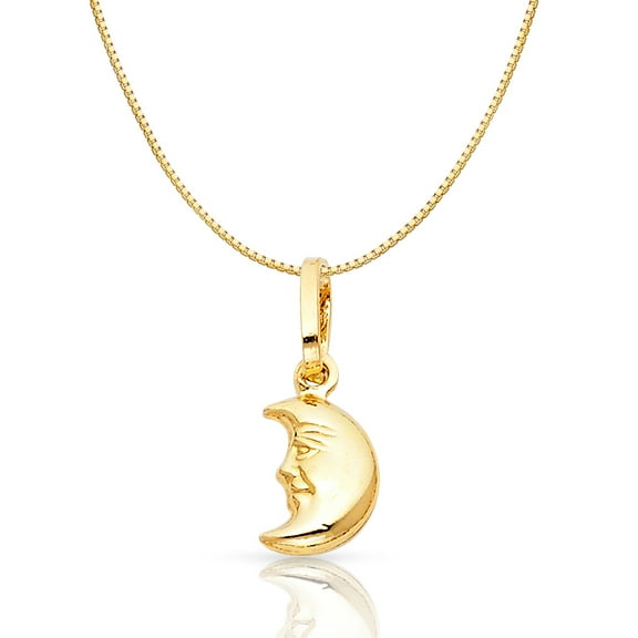 14K Yellow Gold Half Moon Face Charm Pendant with 0.6mm Box Chain Necklace - 20"
