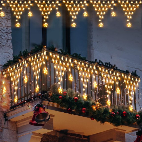 Rosnek Christmas Lights, Outdoor LED Christmas Net Light Waterproof Curtain Lights Outdoor Decorations with 12 Twinkle Star Drops 8 Modes for Fence, Roof Railing Wall Decor