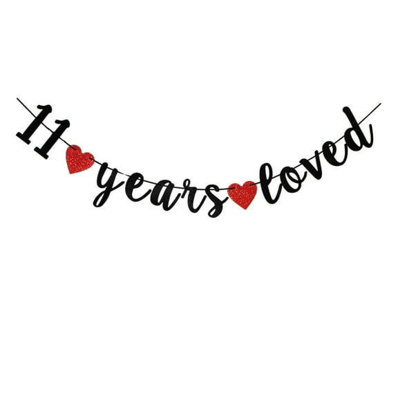 11 Years Loved Black Banner, 11th Birthday Party Bunting Sign, Happy 11th Wedding Anniversary Party Decoration Garlands