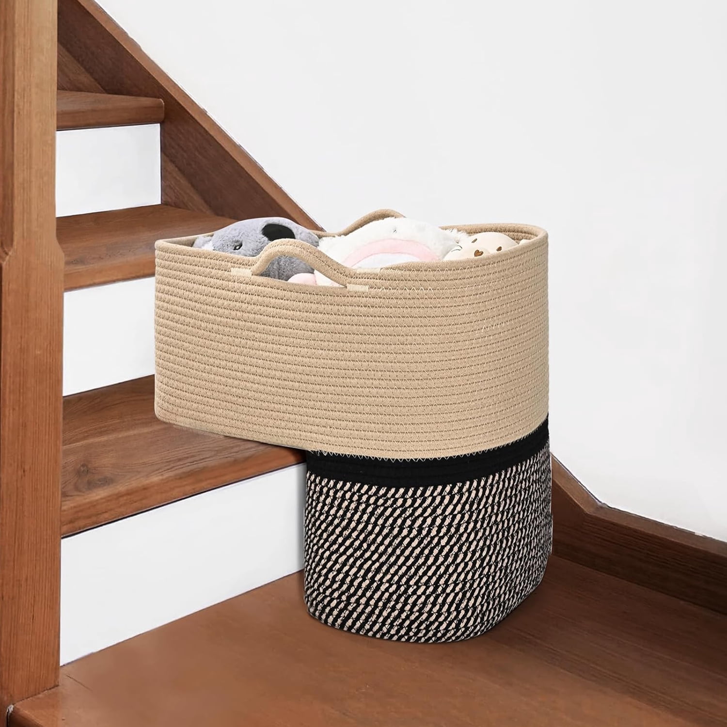 Natubeau Woven Stair Basket, Carpeted Stairs Storage Basket with Handles, Stair Baskets for Wooden Stairs, Staircase Baskets for Toys, Books, Black&Brown, 15"L x 10"W x 15"H