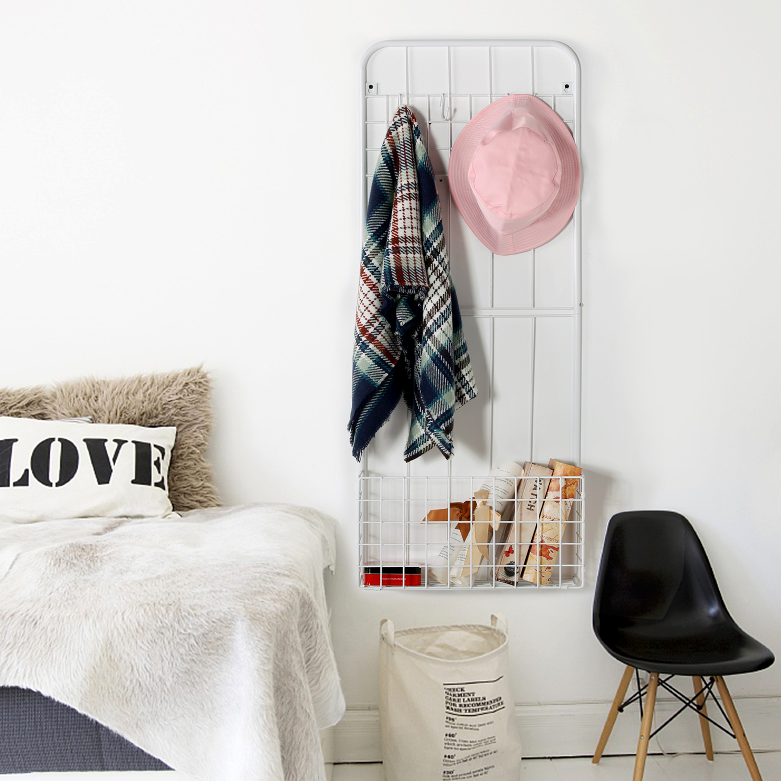 VECELO Wall Coat Rack with Basket & Hooks, Multifunctional Metal