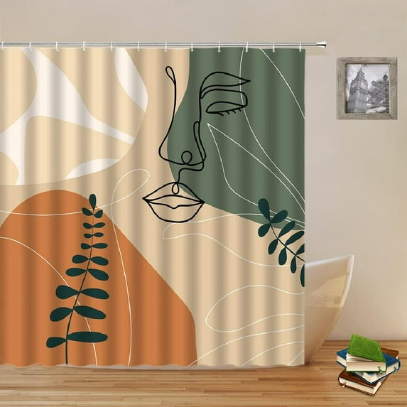 Mid Century Shower Curtain Boho Abstract Modern Minimalist Art Aesthetic Geometric Line Girl Face Plant Leaves Art Bathroom Decor Polyester Fabric Curtains 70 X 70 Inch with Hooks