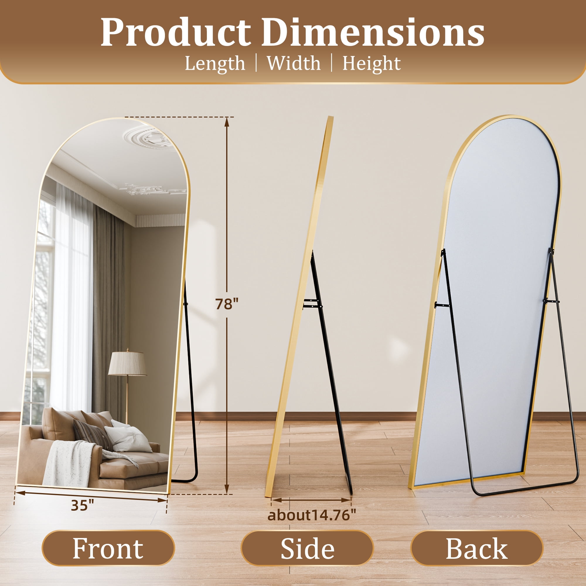 Easy4Home 78"x 35" Arch-Top Oversized Full Length Mirror Metal Frame Freestading Floor Mirror, Gold