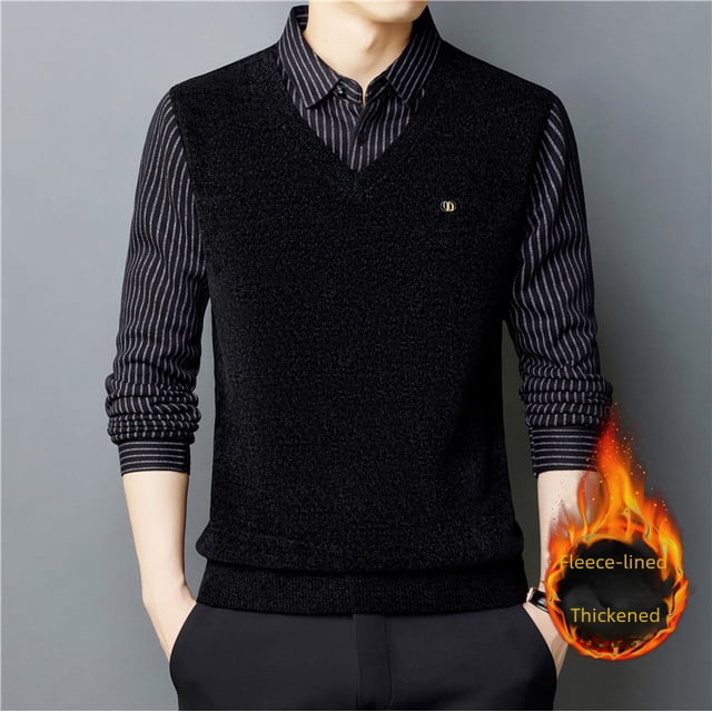 Suéter de dos piezas falso con cuello de camisa de invierno para hombre, suéter grueso y cálido con forro polar para hombre, suéter casual para papá para hombre