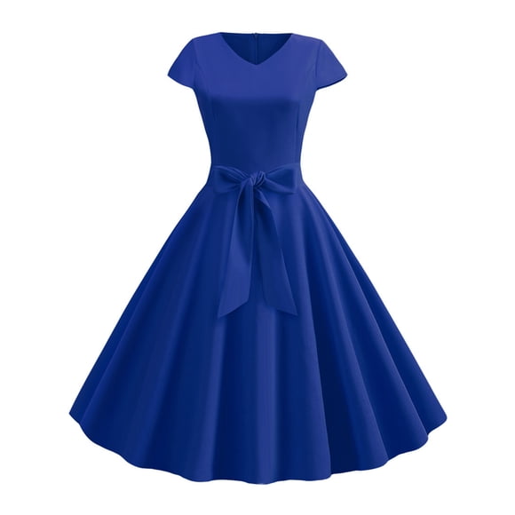 LUXUR Women Solid Color Swing Dresses Casual Holiday Midi Dress Royal Blue L