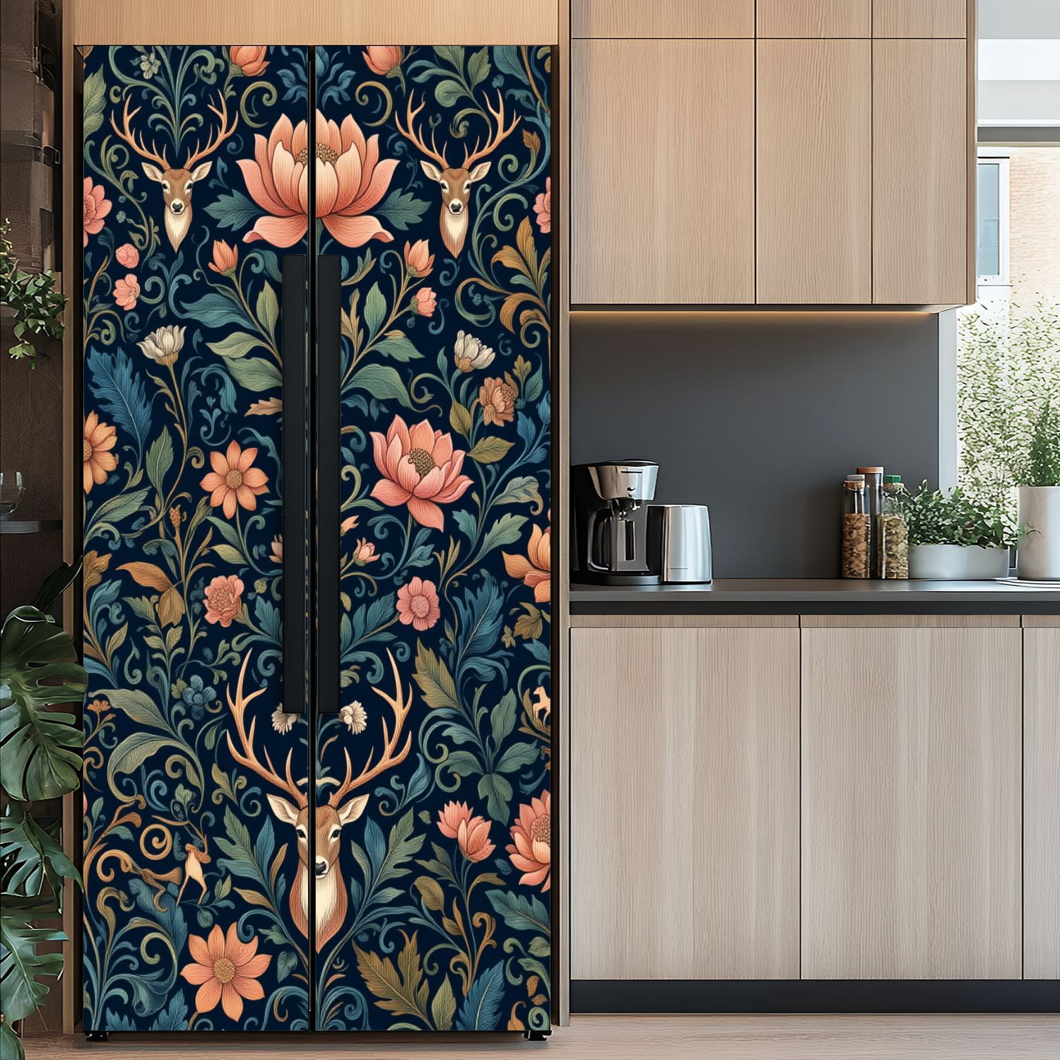 Self Adhesive Vinyl Refrigerator Wrap Set Dark Academia Botanical Floral Deer Seamless Door Mural Removable Fridge Sticker Peel and Stick&nbsp;Full Door Cover Decal Kitchen Bar Decor