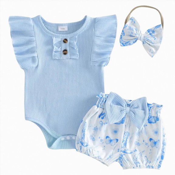 CAUYDY Baby Girls Coming Home Outfit Infant Girl Short Sleeve Romper Set Toddler Fall Winter Bodysuit Newborn Clothes 0 3 6 9 Months 1T 2T Sizes 3-6 Months,Blue