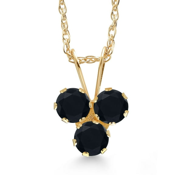 Gem Stone King 14K Yellow Gold Black Onyx 3-Stone Pendant Necklace for Women (0.30 Cttw, Gemstone December Birthstone, Round 3MM, 18 inch Chain)