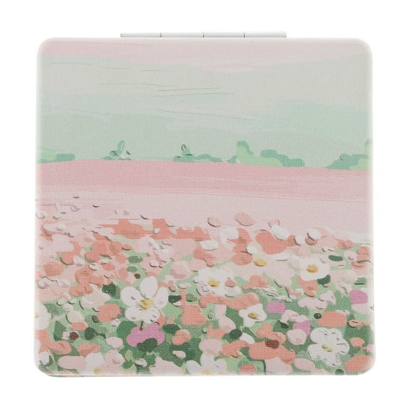 Unique Bargains 1 Pc Women Square Hand-drawn Makeup Mirror for Travel Vacation Green Pink Metal PU Glass