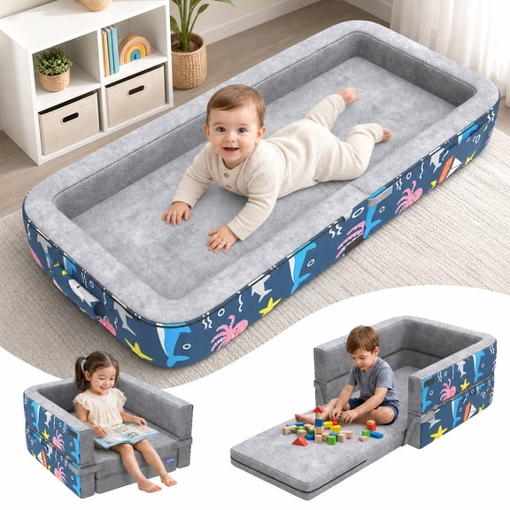 Vipuse 3-in-1 Toddler Travel Bed,Foldable Kid Toddler Sofa Bed for Kids Camping Vacation,Memory Foam Filling,Grey
