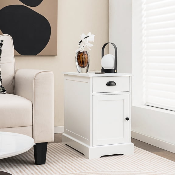 Spaco End Table with Charging Station and Flip Top-White, Nightstand Small Side Table, End Table for Bedroom Living Room