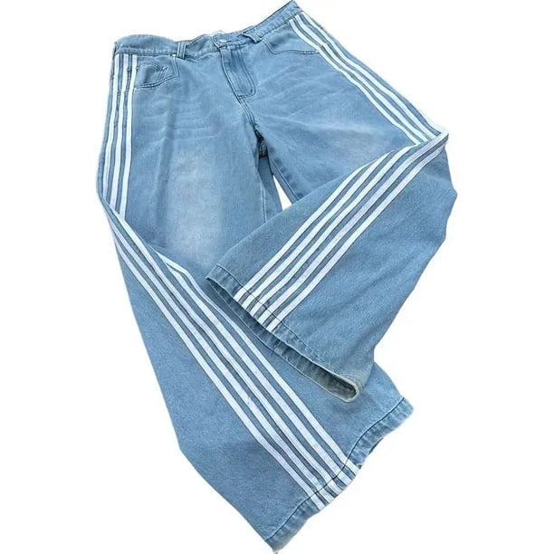 Classic Side Stripe Baggy Jeans Y2k High Waisted Wash Blue Women