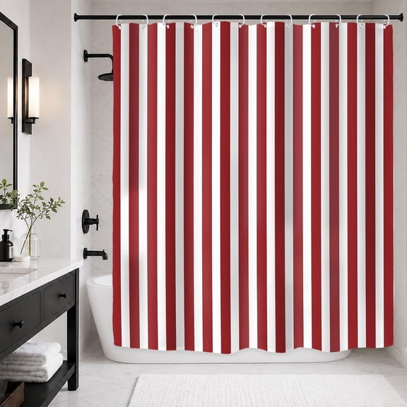 Red And White Striped Shower Curtain Waterproof Fabric Bathroom Decor 71x71 inches