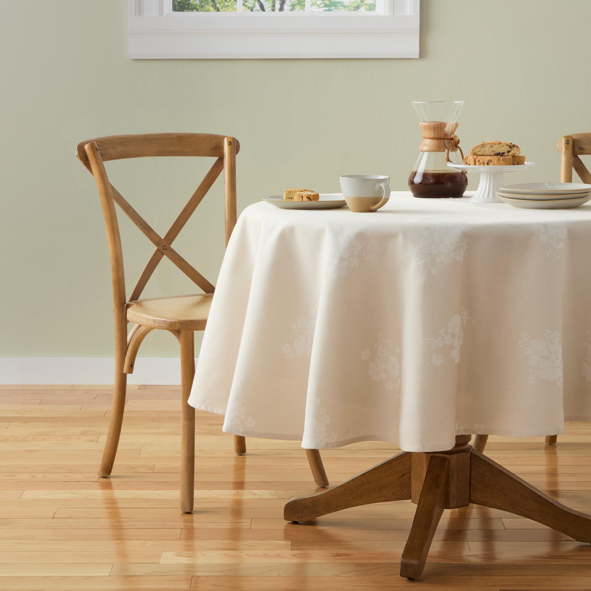 The Pioneer Woman Tonal Floral Jacquard Woven Fabric Tablecloth, Light Taupe, 70" Round