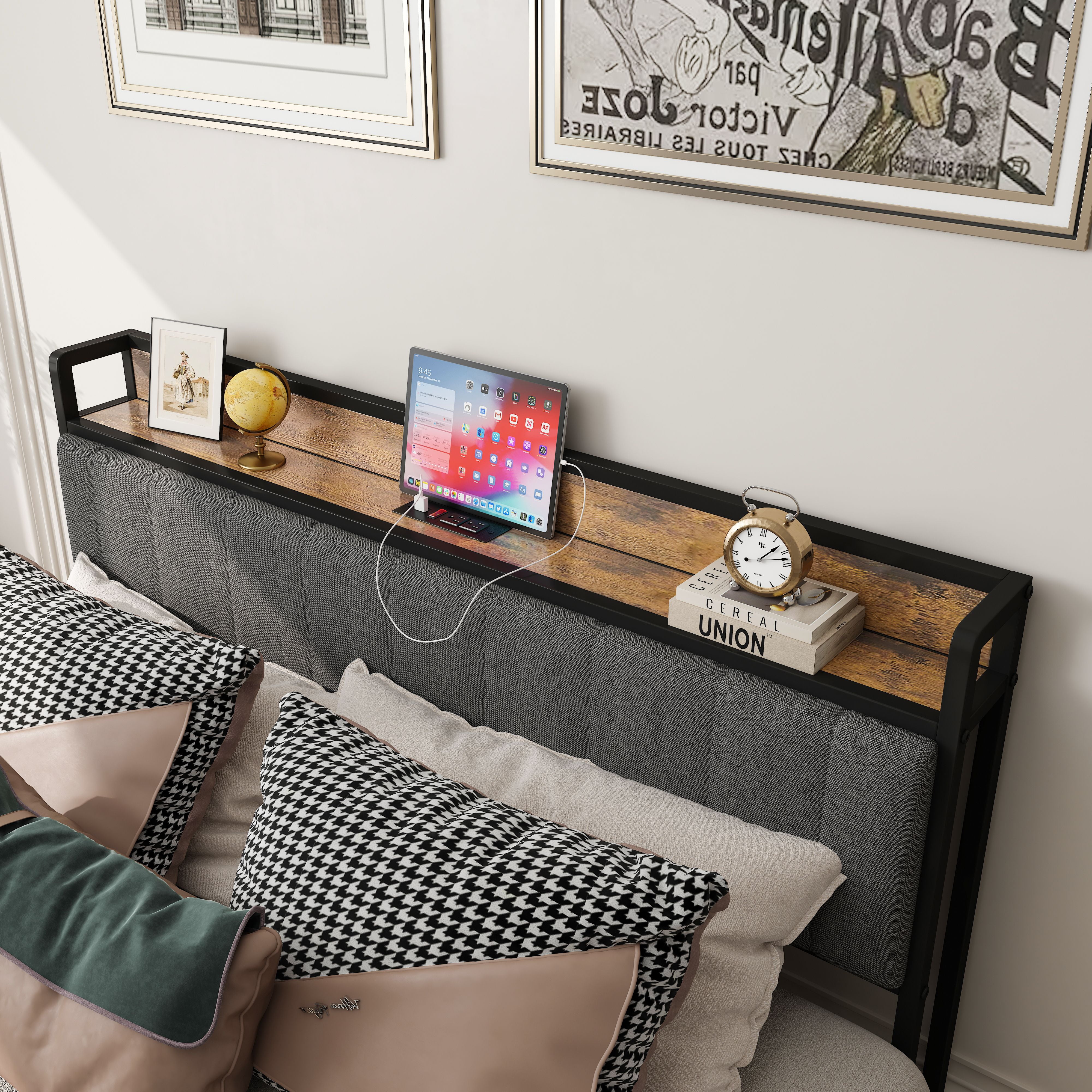 US Queen Size Bed Frame Charging Station Upholstered Headboard Metal Platform