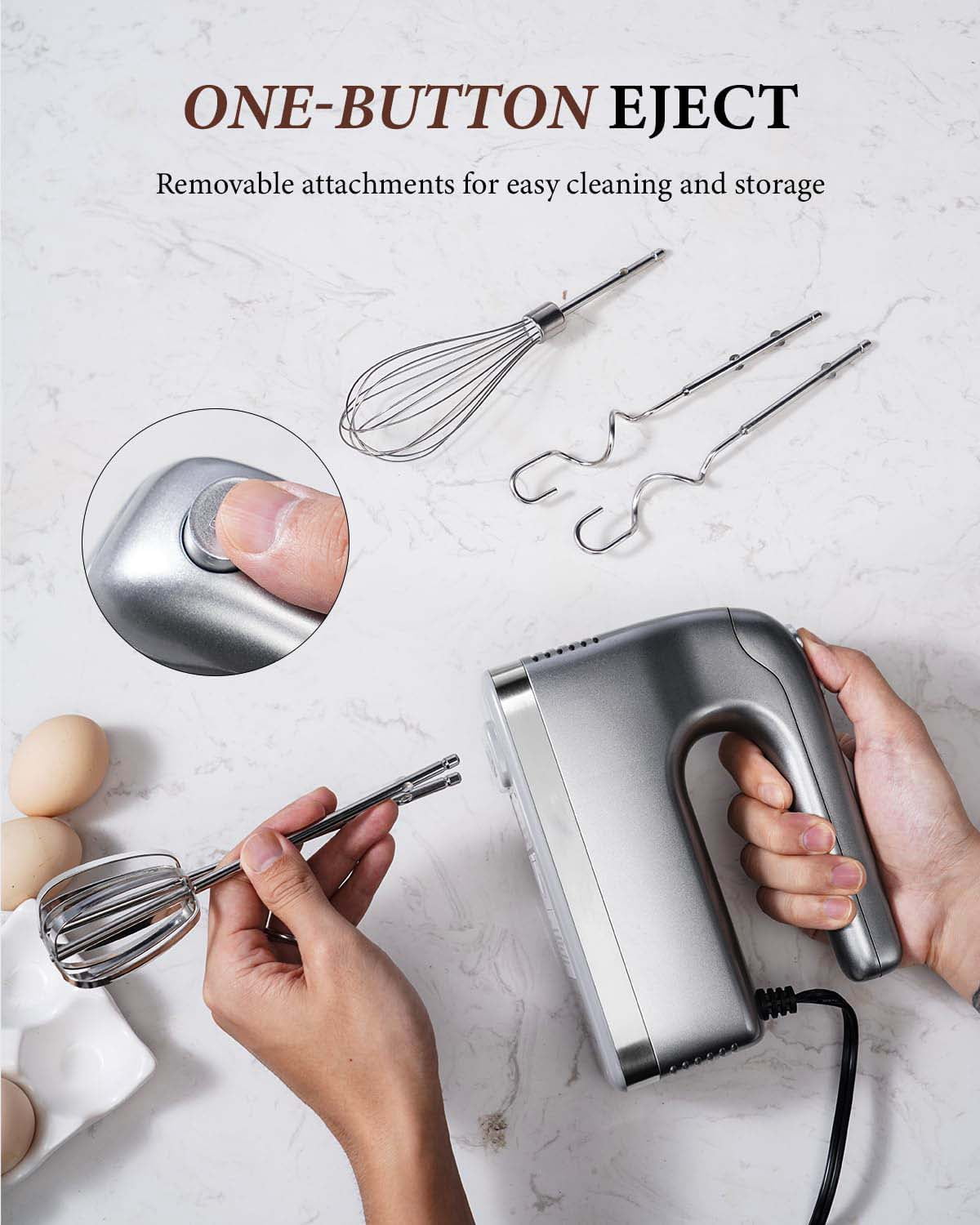 Hand Mixer, 450W Handheld Mixer with Storage Case 5-Speed Plus Turbo Hand Mixer Electric With 5 Stainless Steel Attachments(2 Beaters, 2 Dough Hooks and 1 Whisk), Silver