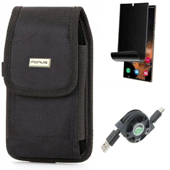 Privacy Screen Protector & Case Belt Clip & USB Cable for Samsung Galaxy S22 Ultra (6.8") - Combo TPU Film (Fingerprint) Anti-Peep & Swivel Holster Rugged & Retractable Type-C Charger