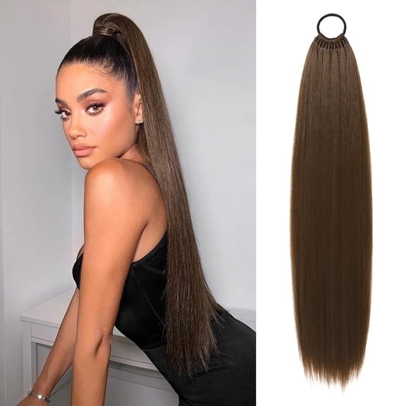 FLUFYMOOZ 28 Inch Ponytail Extension, Versatile Elastic Band Ponytail Extension for Women, Long Straight Synthetic Ponytail Daily Hair Chocolate Brown