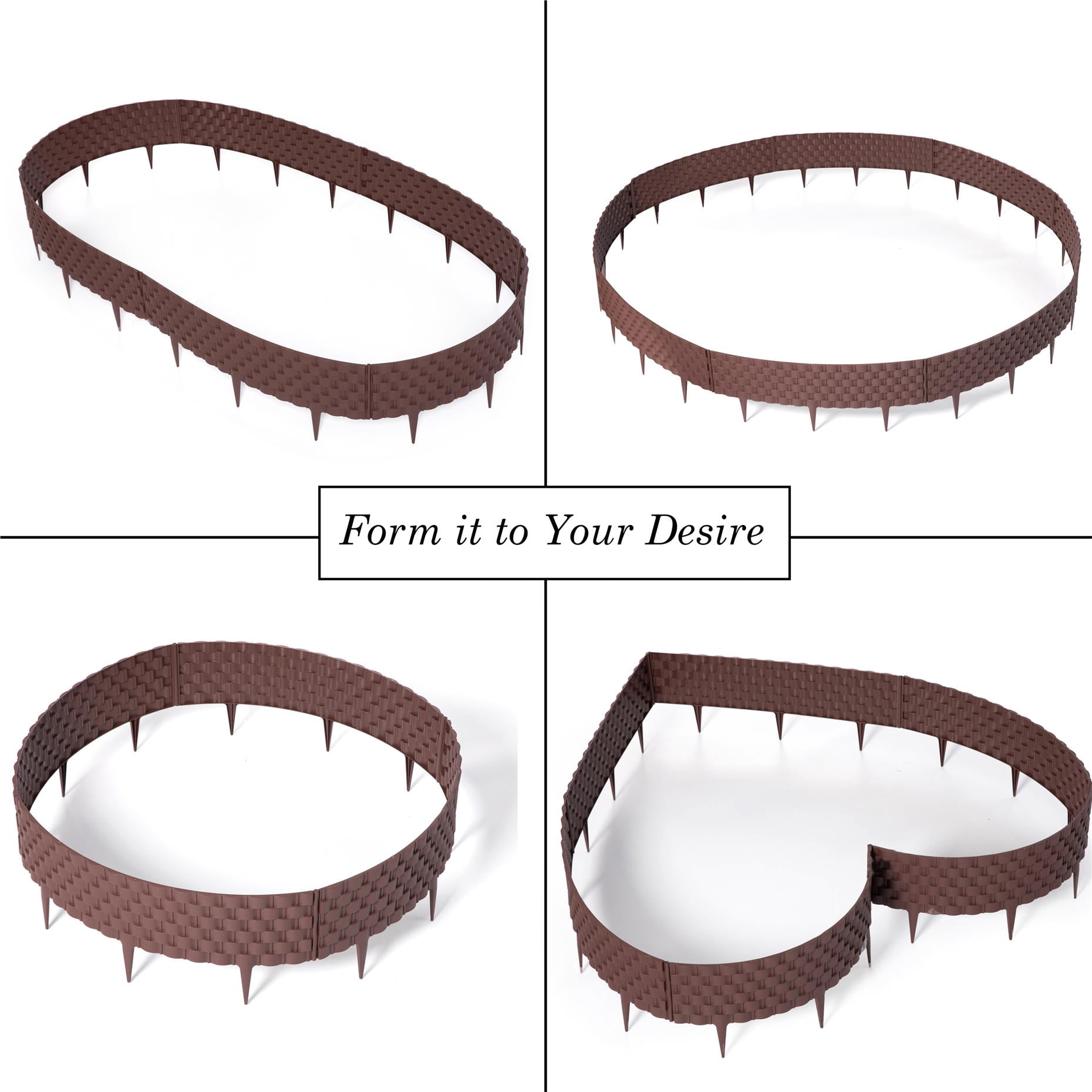Set of 8 Pcs Decorative Rattan-Inspired Plastic Landscape Edging and Garden Fence Borders in a Rich Coffee Hue for Lawn, Outdoor Patio, Garden, and Flower Bed