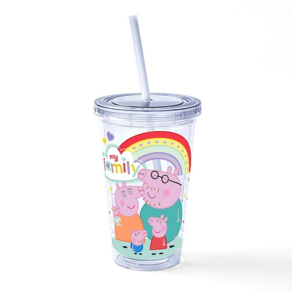 CafePress - Peppa Pig: My Family - 16 Ounce Classic Clear Insulated Double Wall Tumbler Cup with Lid Straw , Reusable