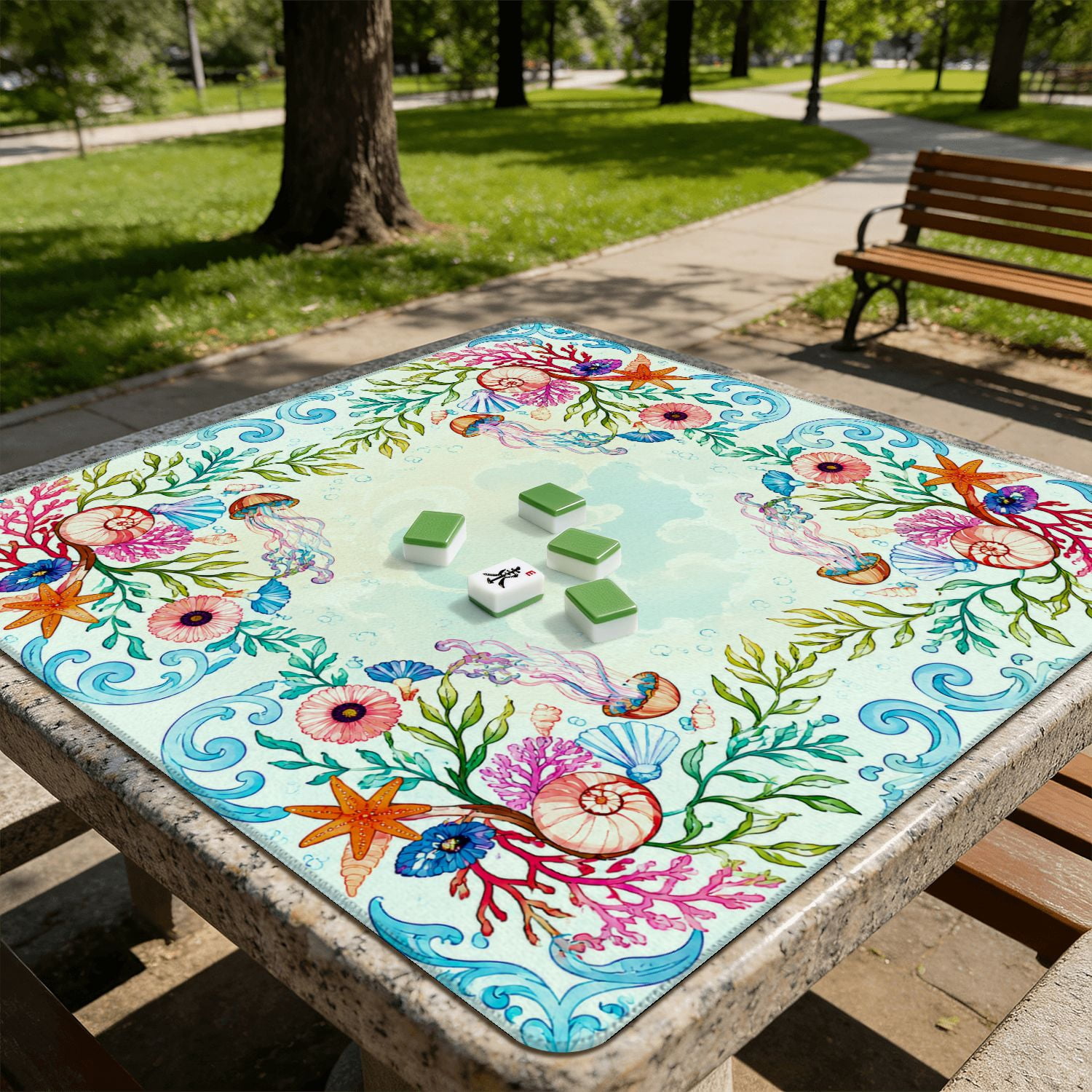 Mahjong Mat 31.5" x 31.5" Floral Crane Birds Butterflies Pagodas Sky Non-Slip Noise Reduction American Mahjong Tiles Table Cover for Dominoes Poker Card Board Games Gift