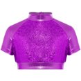 thumbnail image 7 of Aislor Girls Jazz Dance Outfit Mock Neck Short Sleeve Sequins Metallic Back Invisible Zipper Crop Top with Pants Purple 8, 7 of 7