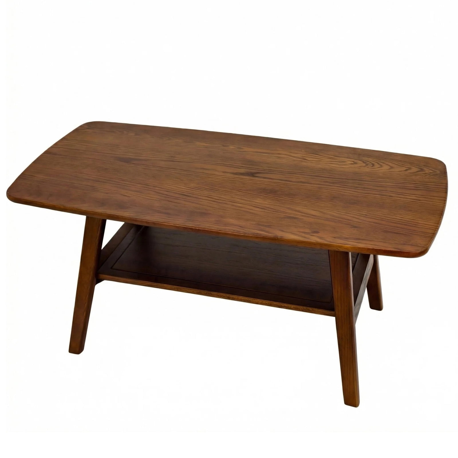 Hommoo Mid Century Modern 2-Tier Coffee Table with Rounded Corners amd Storage Shelf, Wooden Coffee Table, for Living Room, Office, Apartment, Walnut
