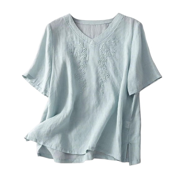 Women's New Summer Vintage Linen Solid Color Embroidery V Neck Short Sleeve Shirt