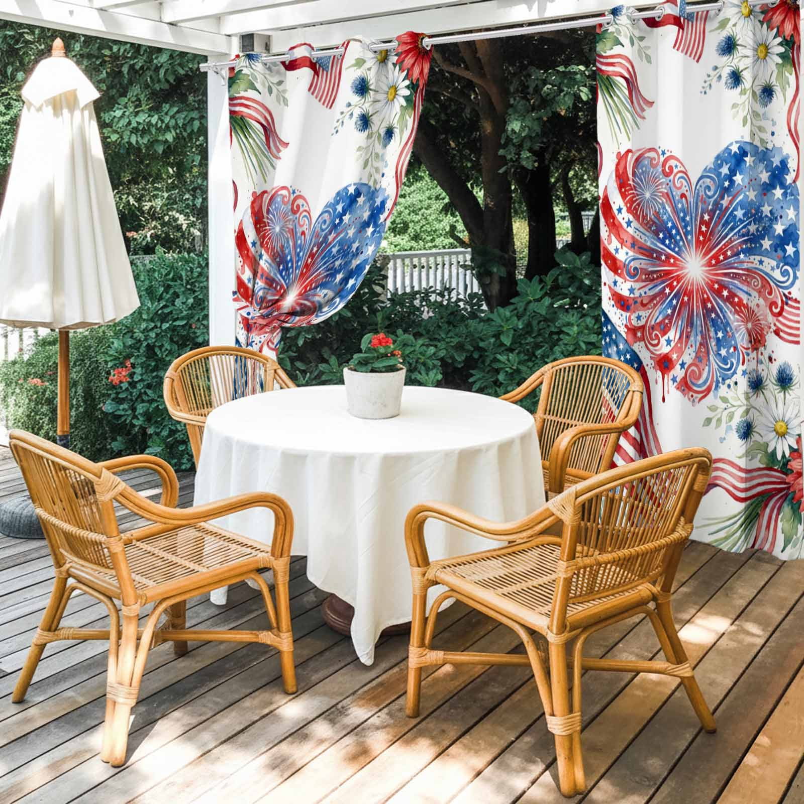 Independence Day Outdoor Curtains for Patio, Abstract American Flag Heart Red Blue Flower Daisy Sunshade Privacy Drapes Grommet Waterproof Outside Curtains for Porch/Cabana/Balcony 54"x 95", 2 Panel